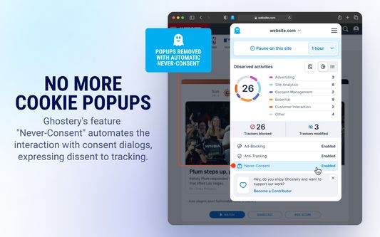 No more cookie popups - Ghostery's feature
"Never-Consent" automates the interaction with consent dialogs, expressing dissent to tracking.